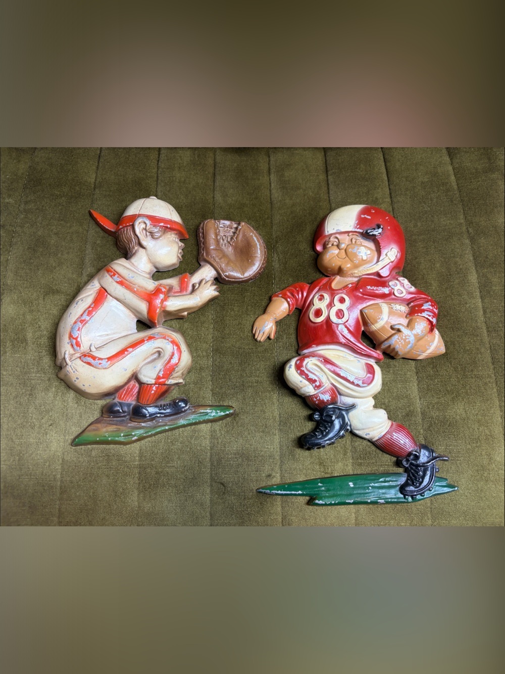 Vintage Homeco cast iron football and baseball player wall decor